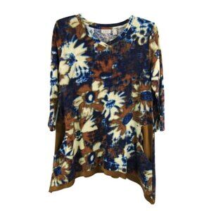 LOGO Lori Goldstein Brown Cream Blue Floral Top Size M Tunic Satin Pockets Trim